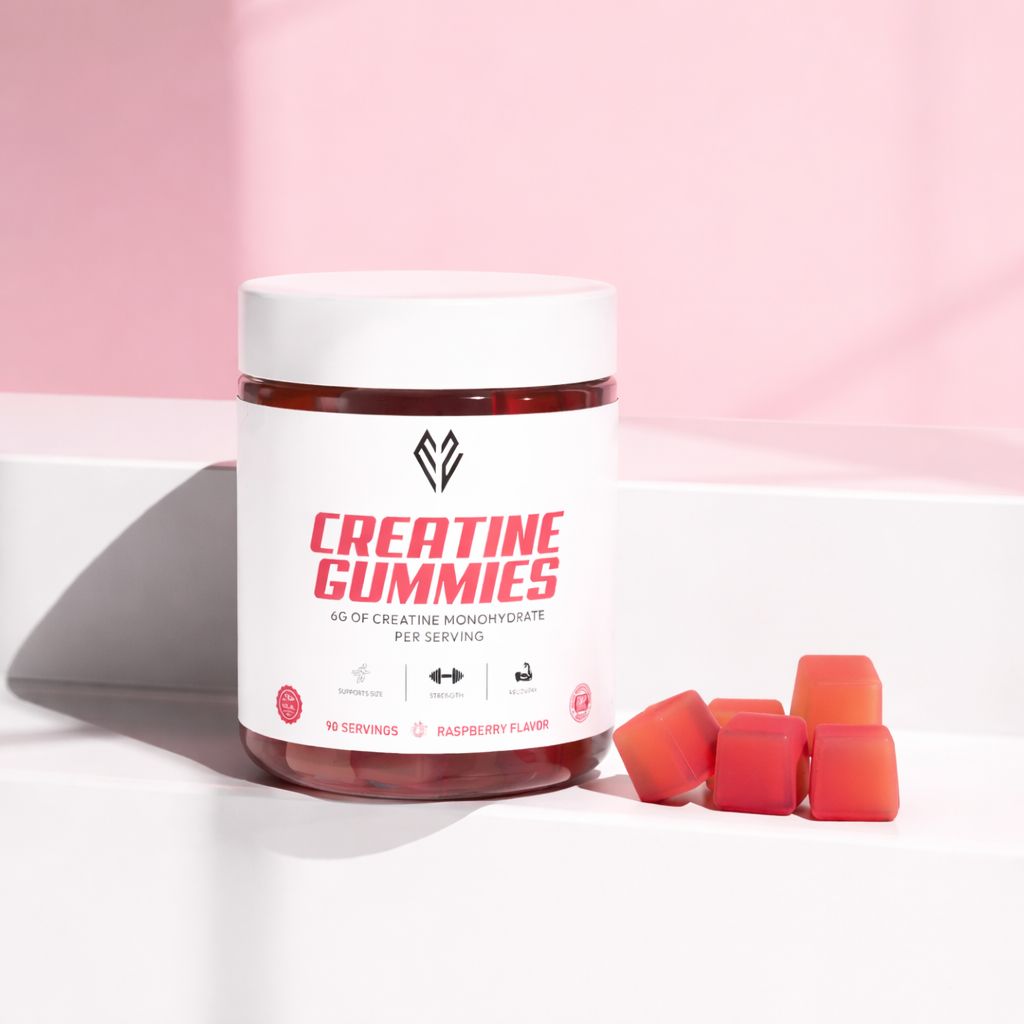 E2 Creatine Gummies jar showing benefits